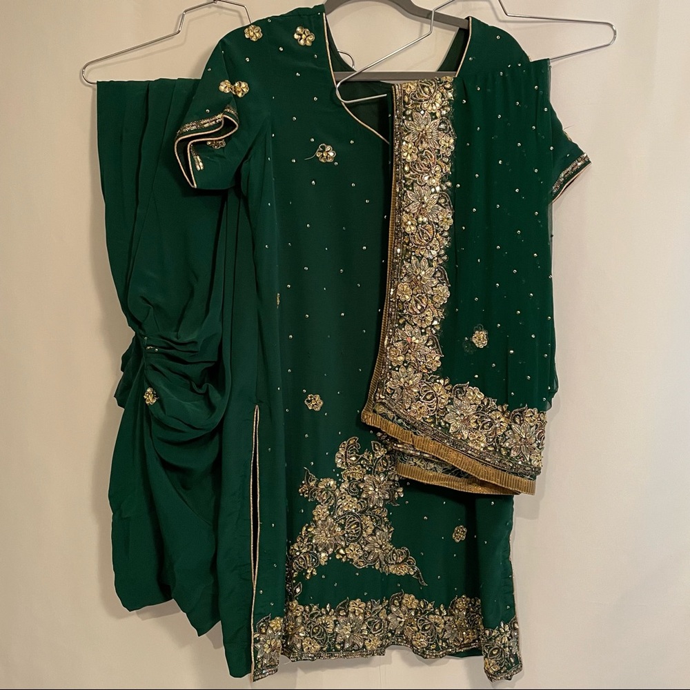 Green & Gold Salwar Kameez – Heavy Beadwork, Size 40